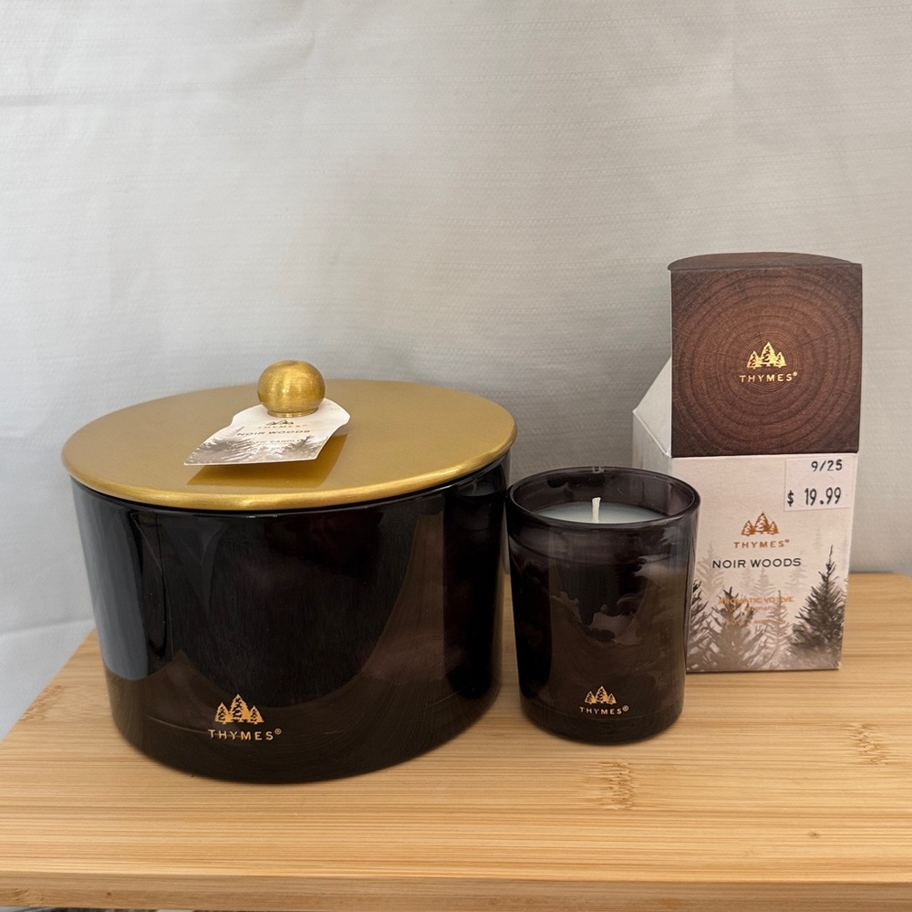 Promotion Thymes Noir Woods Candle two with Gold Lid 18oz and 2oz